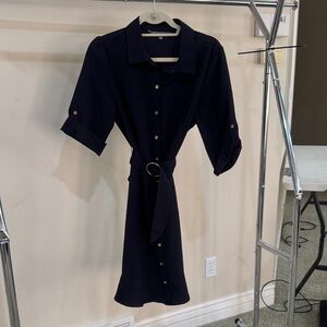 Sharagano Navy Belted Midi Dress